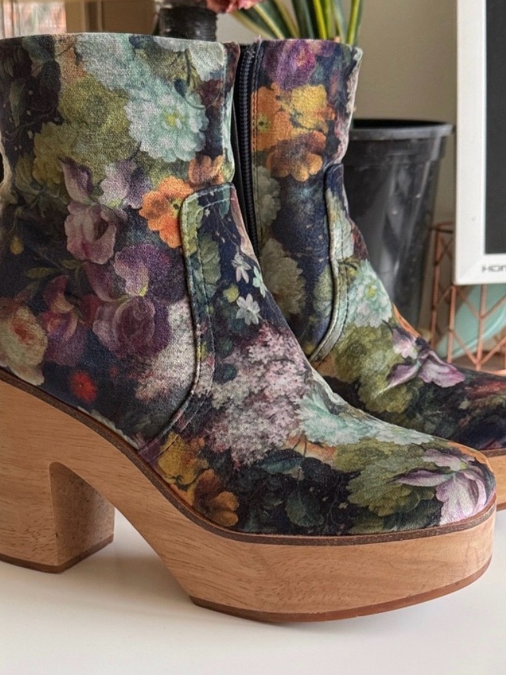 Charlotte Stone Floral Velvet Platform Ankle Boots - Multicolor